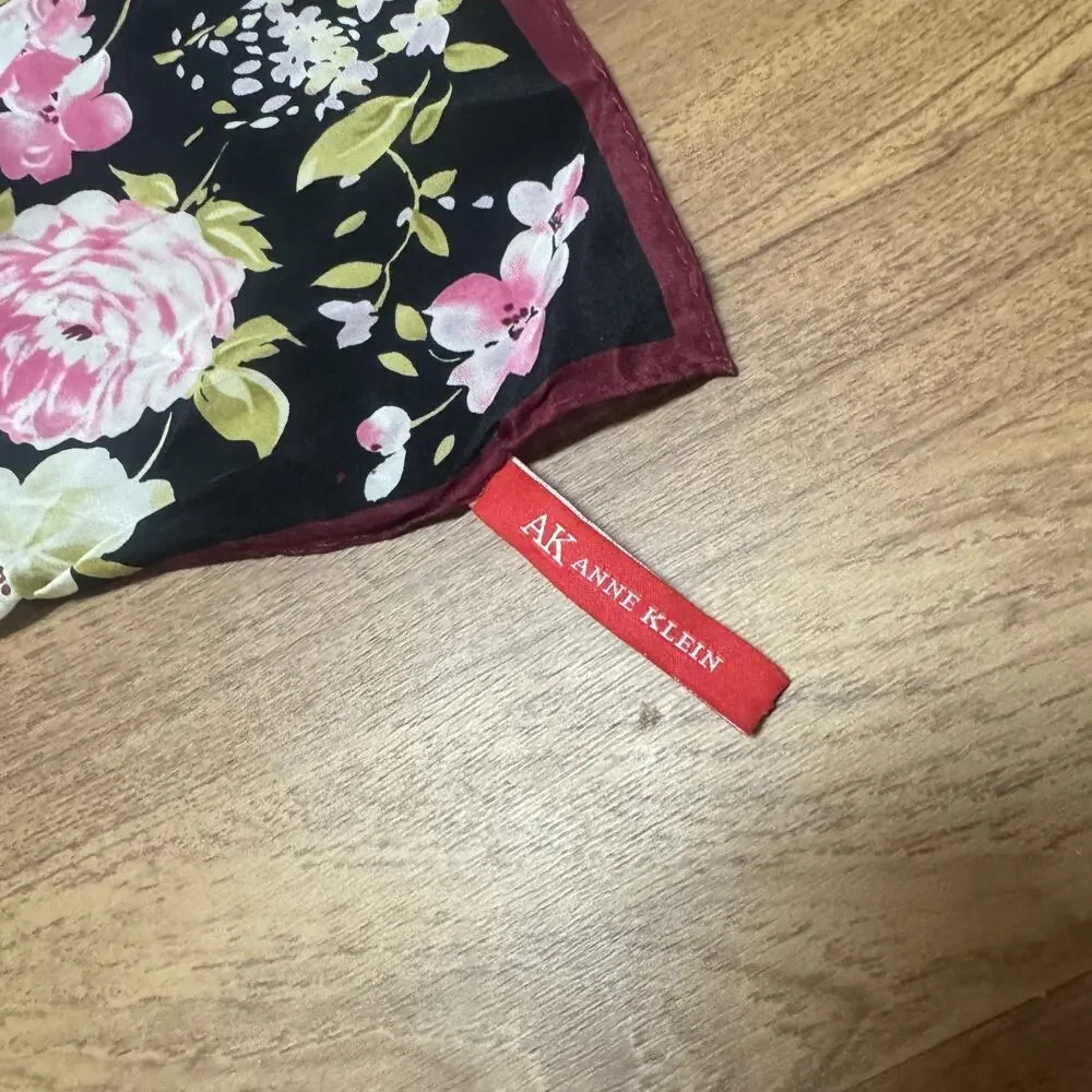 Vintage Anne‎ Klein 100% Silk scarf black pink floral signed rectangle Korea